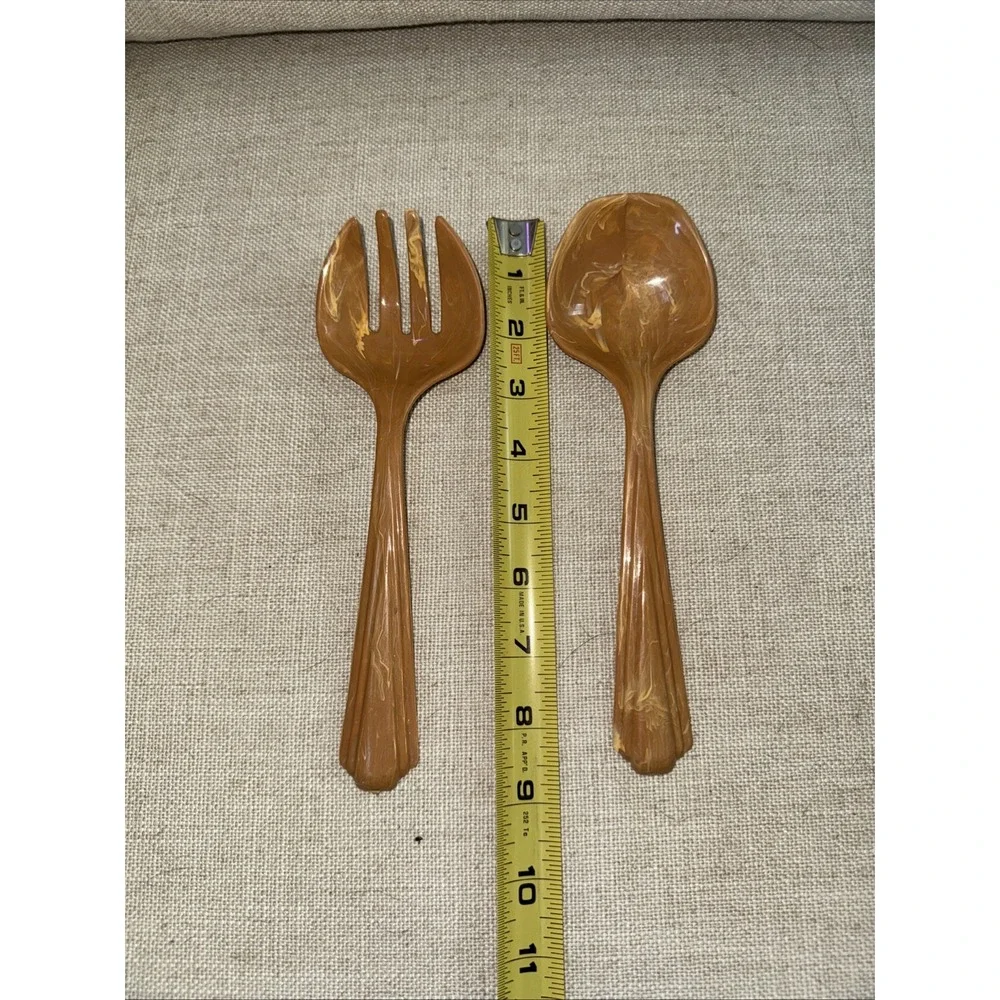 Vintage Imperial USA PlasticServing Spoon‎ And Fork Marbled Butterscotch 8 1/2